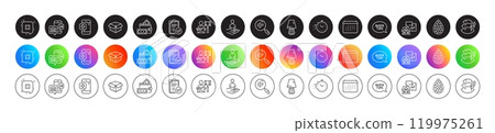 Calendar, Timer and Search text line icons. Round icon gradient buttons. Pack of Quickstart guide, Recruitment, Artificial colors icon. Floor plan, Money wallet, Approved report pictogram. Vector 119975261