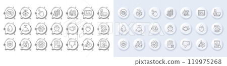 Scroll down, Heart and Qr code line icons. White pin 3d buttons, chat bubbles icons. Pack of Pin, Post package, Ceiling lamp icon. Delegate work, Dresser, Photo pictogram. Vector 119975268