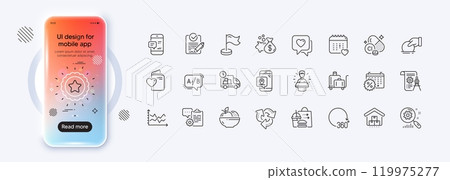 Donate, Milestone and 360 degrees line icons for web app. Phone mockup gradient screen. Pack of Divider document, Rfp, Delivery pictogram icons. Fruits, Diagram chart, Loan signs. Vector 119975277