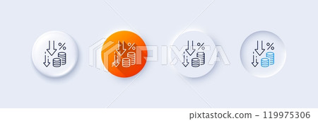 Deflation line icon. Neumorphic, Orange gradient, 3d pin buttons. Money tax rate sign. Price reduction symbol. Line icons. Neumorphic buttons with outline signs. Vector Deflation line icon. Neumorphic, Orange gradient, 3d pin buttons. Money tax rate sign. Price reduction symbol. Line icons. Neumorphic buttons with outline signs. Vector 119975306