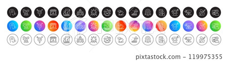 Genders, Teamwork and Vaccination appointment line icons. Round icon gradient buttons. Pack of Cough, Painter, Patient icon. Presentation, Yoga, Market seller pictogram. Vector Genders, Teamwork and Vaccination appointment line icons. Round icon gradient buttons. Pack of Cough, Painter, Patient icon. Presentation, Yoga, Market seller pictogram. Vector 119975355