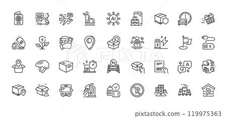 Book car, Parcel tracking and Charging station line icons pack. AI, Question and Answer, Map pin icons. Return package, Supply chain, Milestone web icon. Vector 119975363
