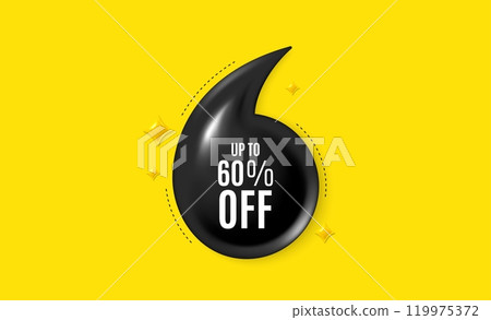 Offer 3d quotation banner. Up to 60 percent off sale. Discount offer price sign. Special offer symbol. Save 60 percentages. Discount tag quote message. Quotation comma yellow banner. Vector 119975372