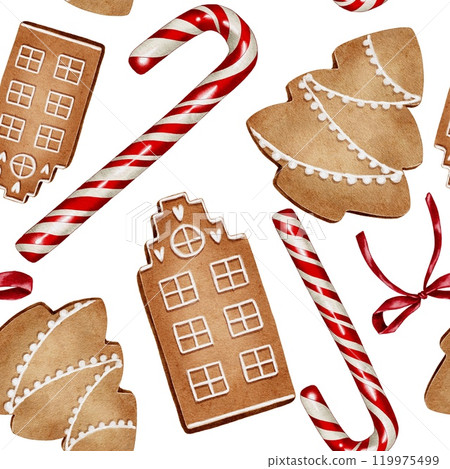 Christmas sugar cane, red bow and gingerbread cookie Watercolor seamless pattern on white. Hand drawn illustration for New Year and winter holidays designs. 119975499
