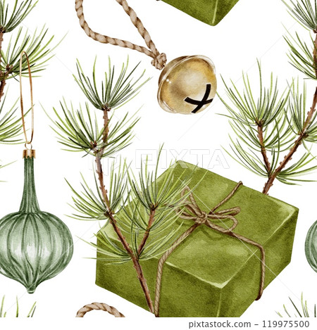 Christmas tree decoration, bell, and pine branch with Watercolor seamless pattern on white. Hand drawn illustration for New Year and winter holidays designs in realistic style. 119975500