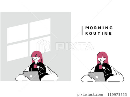 一個女人早上醒來，在床上檢查電腦 119975533