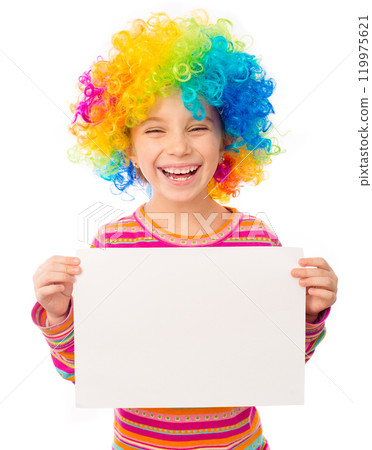 smiling little girl in clown wig with white blank isolated on white background 119975621