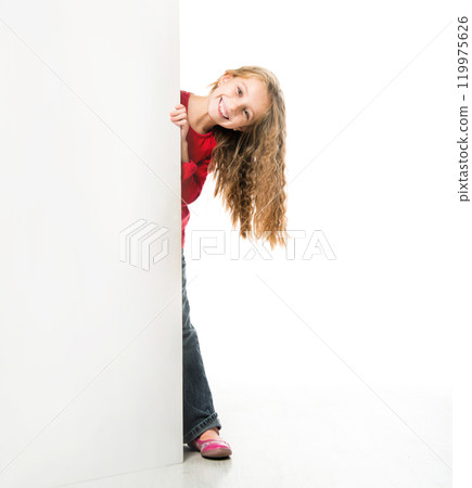beautiful little girl with a white board, isolated beautiful little girl with a white board, isolated 119975626