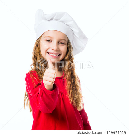 smiling little girl in chef hat with thumb up on white background smiling little girl in chef hat with thumb up on white background 119975629