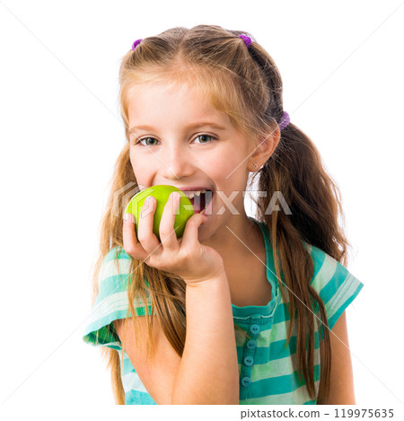 little girl biting an apple isolated on white background little girl biting an apple isolated on white background 119975635