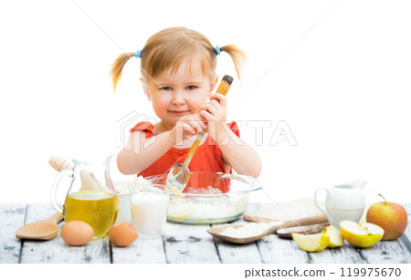 cute little baby girl baking, white background cute little baby girl baking, white background 119975670