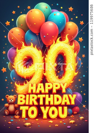 Colorful balloons with a number 90 and the word birthday. 119975686