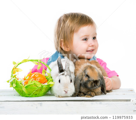 baby with Easter bunny and two basket 119975933