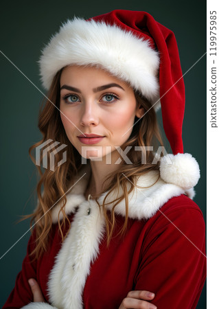 Young woman wearing a red Christmas outfit and Santa hat poses confidently against a dark background 119975985