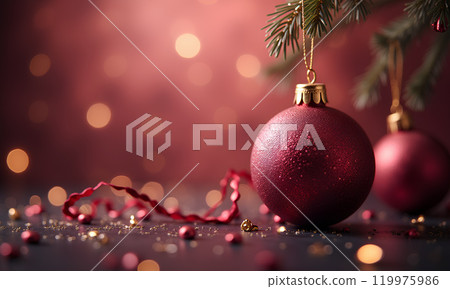 Festive red Christmas ornaments hanging on a tree branch with sparkling lights and decorations during the holiday season Festive red Christmas ornaments hanging on a tree branch with sparkling lights and decorations during the holiday season 119975986