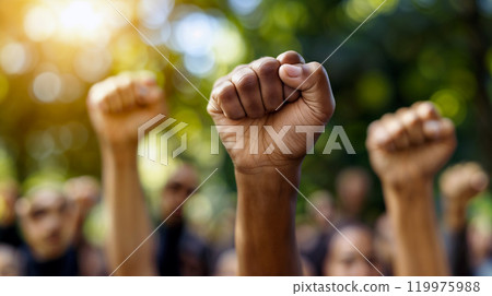 People raising their fists in solidarity during a peaceful protest advocating for social justice in a park at sunset 119975988