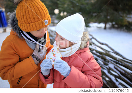 A brother and sister share a delightful moment as they eat gingerbread cookies outdoors against the backdrop of a snowy forest. A brother and sister share a delightful moment as they eat gingerbread cookies outdoors against the backdrop of a snowy forest. 119976045