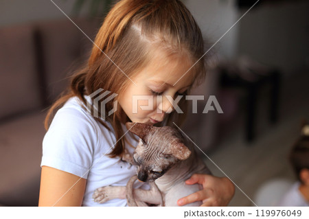 A joyful scene of a young girl playing with her adorable Sphynx cats. The unique, hairless cats are playfully interacting with her, creating a delightful atmosphere filled with laughter and affection. A joyful scene of a young girl playing with her adorable Sphynx cats. The unique, hairless cats are playfully interacting with her, creating a delightful atmosphere filled with laughter and affection. 119976049