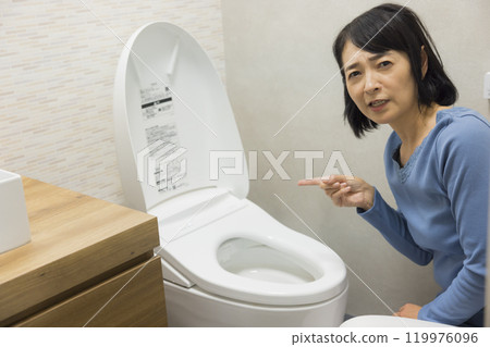 A woman requesting toilet repair A woman requesting toilet repair 119976096