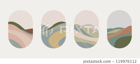 Stylish illustration with an abstract landscape in neutral natural colors. Shades of green, blue and beige create a harmonious look. 119976112