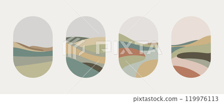 Abstract composition with colored needles in lower shades of green, black and beige. The illustration evokes a sense of calm and harmony. 119976113