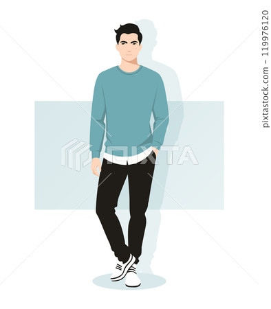 A young man in a blue sweater and black trousers stands confidently. The style is urban casual, light and modern. The minimalist background emphasizes the character. A young man in a blue sweater and black trousers stands confidently. The style is urban casual, light and modern. The minimalist background emphasizes the character. 119976120
