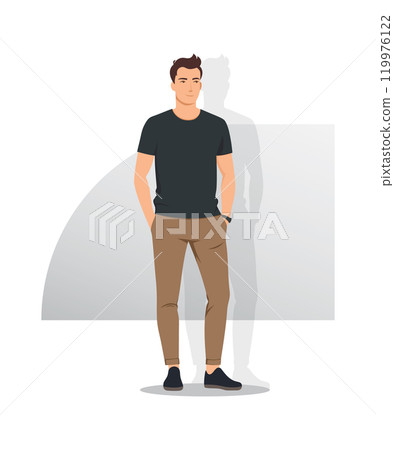 Man in black T-shirt and brown pants. Casual style, comfortable and simple image for everyday life, minimalist background emphasizes the figure. Man in black T-shirt and brown pants. Casual style, comfortable and simple image for everyday life, minimalist background emphasizes the figure. 119976122