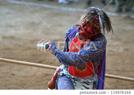 Takebe Festival: Stick-wielding demon-clad puppeteers at the grounds of Shichisha Hachimangu Shrine 119976168