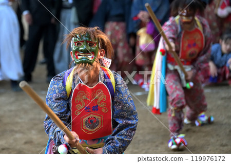 Takebe Festival: Stick-wielding demon-clad puppeteers at the grounds of Shichisha Hachimangu Shrine Takebe Festival: Stick-wielding demon-clad puppeteers at the grounds of Shichisha Hachimangu Shrine 119976172