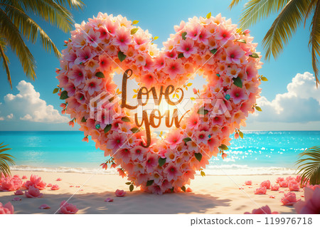 Heart-shaped floral arrangement on a beach. 119976718