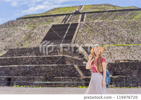 Female tourist exploring Teotihuacan, Mexico. Cultural heritage, ancient ruins, and archaeological adventure concept Female tourist exploring Teotihuacan, Mexico. Cultural heritage, ancient ruins, and archaeological adventure concept 119976720