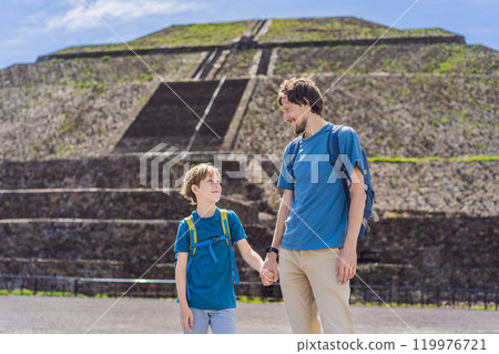 Father and son tourists exploring Teotihuacan, Mexico. Cultural heritage, ancient ruins, and archaeological adventure concept Father and son tourists exploring Teotihuacan, Mexico. Cultural heritage, ancient ruins, and archaeological adventure concept 119976721