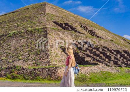 Female tourist exploring Teotihuacan, Mexico. Cultural heritage, ancient ruins, and archaeological adventure concept Female tourist exploring Teotihuacan, Mexico. Cultural heritage, ancient ruins, and archaeological adventure concept 119976723