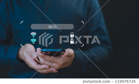 While using a smartphone, a man faces difficulties connecting to Wi-Fi, encountering either connection issues or incorrect password, leading to a delay in loading digital data from websites. 119976726