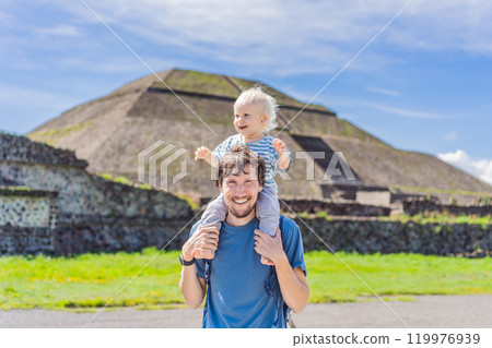 Father and son tourists exploring Teotihuacan, Mexico. Cultural heritage, ancient ruins, and archaeological adventure concept Father and son tourists exploring Teotihuacan, Mexico. Cultural heritage, ancient ruins, and archaeological adventure concept 119976939