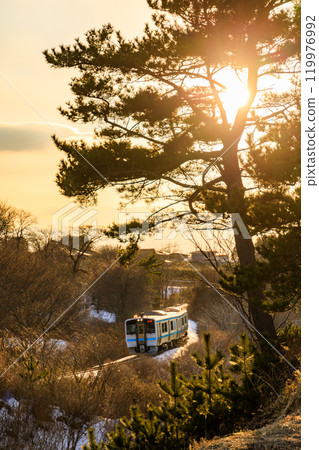 夕陽下運行的「青森縣」JR八戶線列車,八戶市種差海岸 夕陽下運行的「青森縣」JR八戶線列車,八戶市種差海岸 119976992