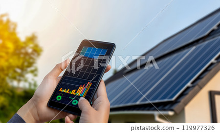 Hands monitoring solar panels outdoors with a smartphone 119977326