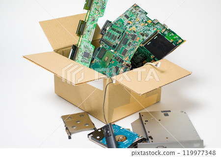 Discarded electronic circuit boards: Image of discarded electronic circuit boards used in electronic devices 119977348