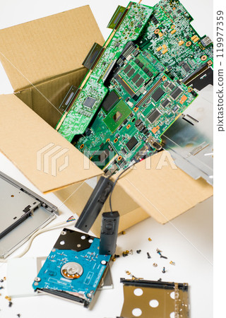 Discarded electronic circuit boards: Image of discarded electronic circuit boards used in electronic devices 119977359