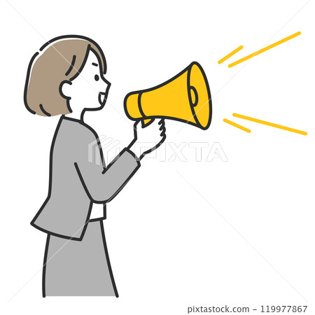 A woman in a suit conveying information through a loudspeaker A woman in a suit conveying information through a loudspeaker 119977867