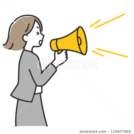 A woman in a suit conveying information through a loudspeaker A woman in a suit conveying information through a loudspeaker 119977868