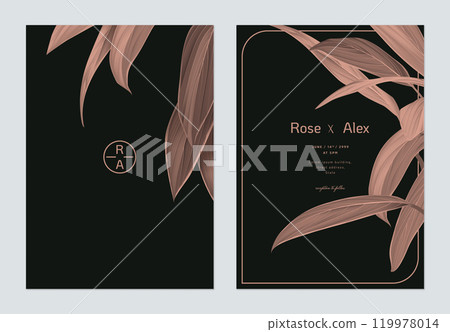 Foliage wedding invitation card template design, brown Cordyline fruticosa Firebrand plant on dark grey 119978014