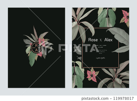 Foliage wedding invitation card template design, various plants on dark grey Foliage wedding invitation card template design, various plants on dark grey 119978017