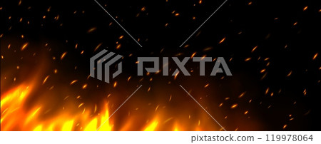 Flame with sparks, fire with flying cinder, abstract glowing embers, heat sparkles. Flame with sparks, fire with flying cinder, abstract glowing embers, heat sparkles. 119978064