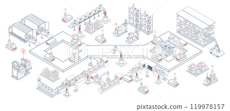 Smart warehouse solutions featuring automated systems and autonomous robots for efficient storage and logistics operations concept. Vector illustration eps10 119978157