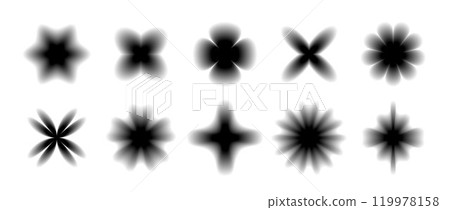 Black smooth blurred gradient form set. Grunge blurry aura shape collection. Fading abstract elements for poster, template, badge, sticker, collage. Vector flowers, sparkles and stars pack  119978158