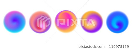 Bright colorful swirl gradient set. Round blur vortex background collection. Iridescent radial blurry shape pack for poster, banner, leaflet, brochure. Vector neon fading circular aura element bundle 119978159