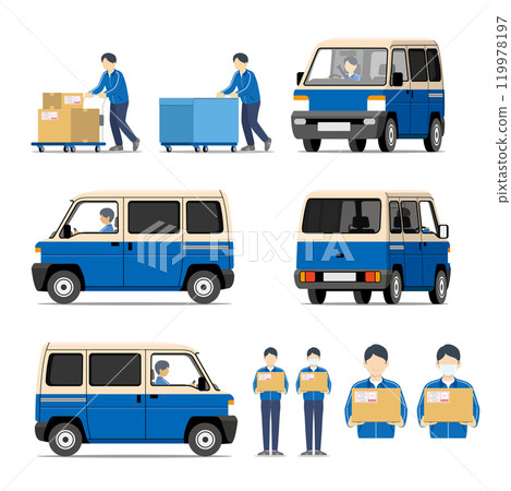 快遞、車輛、燈箱車、輕型車、手推車、工作人員、套裝 119978197