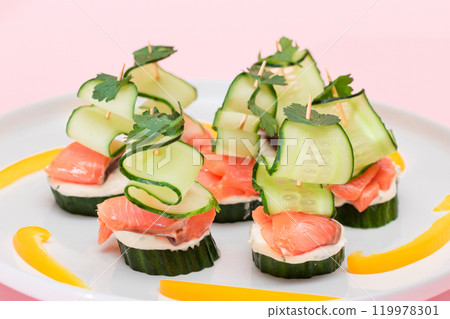 Canapes without Bread with Fresh Salmon, Cucumber and Cream Cheese Canapes without Bread with Fresh Salmon, Cucumber and Cream Cheese 119978301