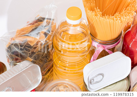 Food Reserves: Canned Food, Spaghetti, Tomato Juice, Pasta and Grocery 119978315